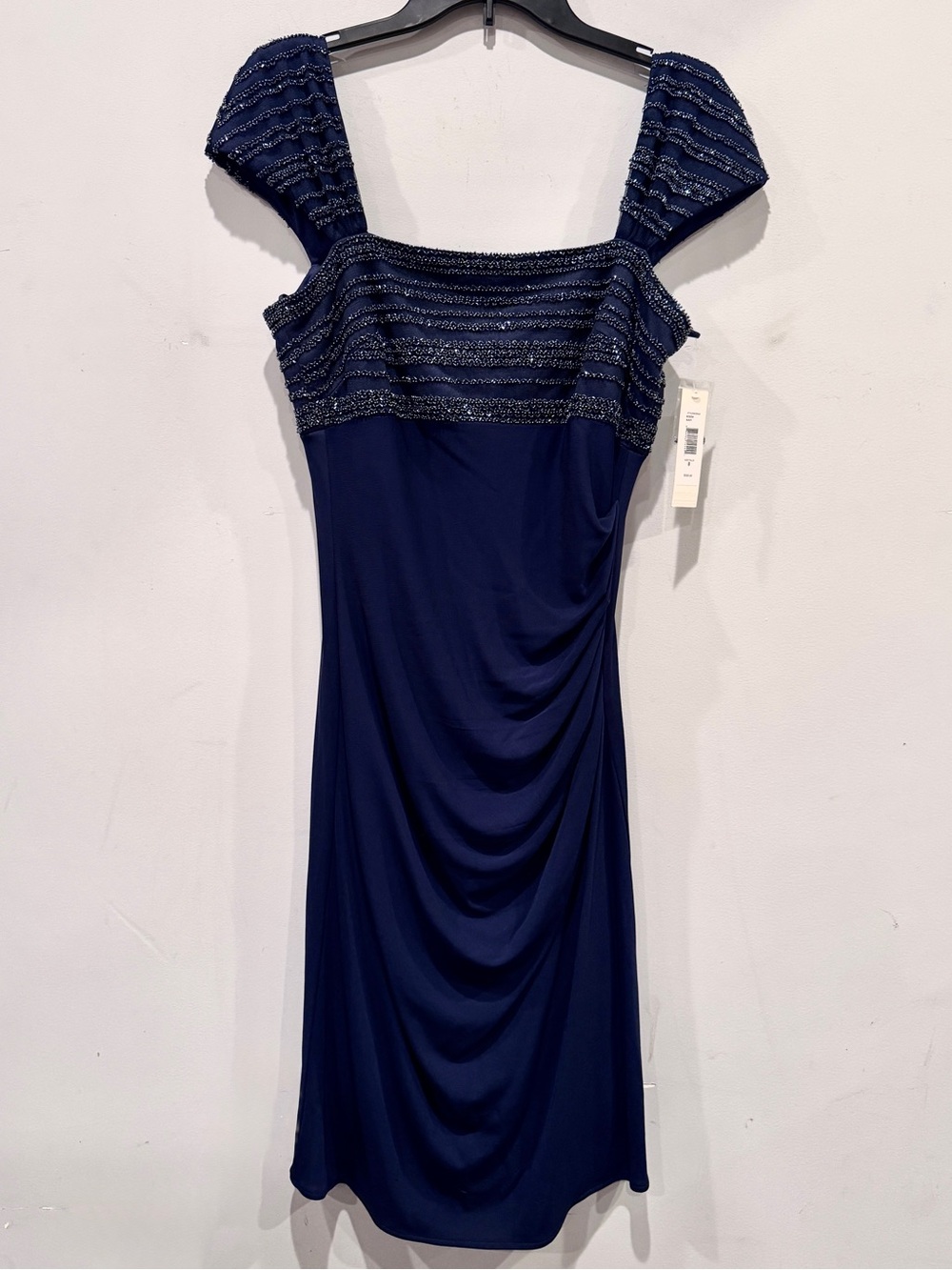 Badgley Mischka Women’s Navy Beaded Square Neck Cap Sleeve Midi Dress Size 8 NWT